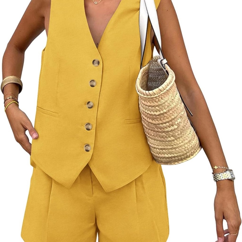 Yellow Women's Sleeveless Vest and Shorts Set